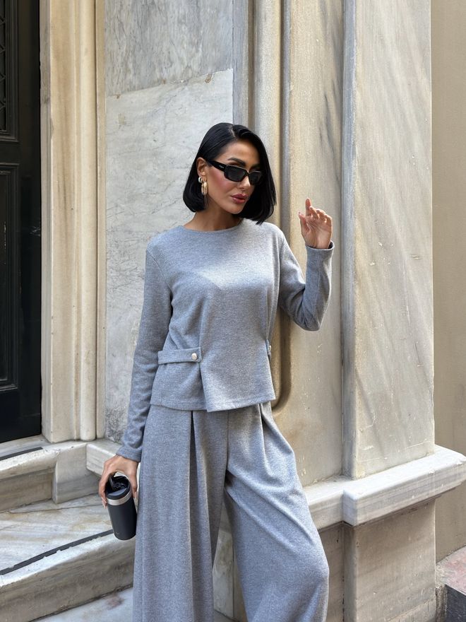 Miss Janell Conjunto Casual Elegante Gris Con Pantalones Palazzo Ropa al por mayor 5