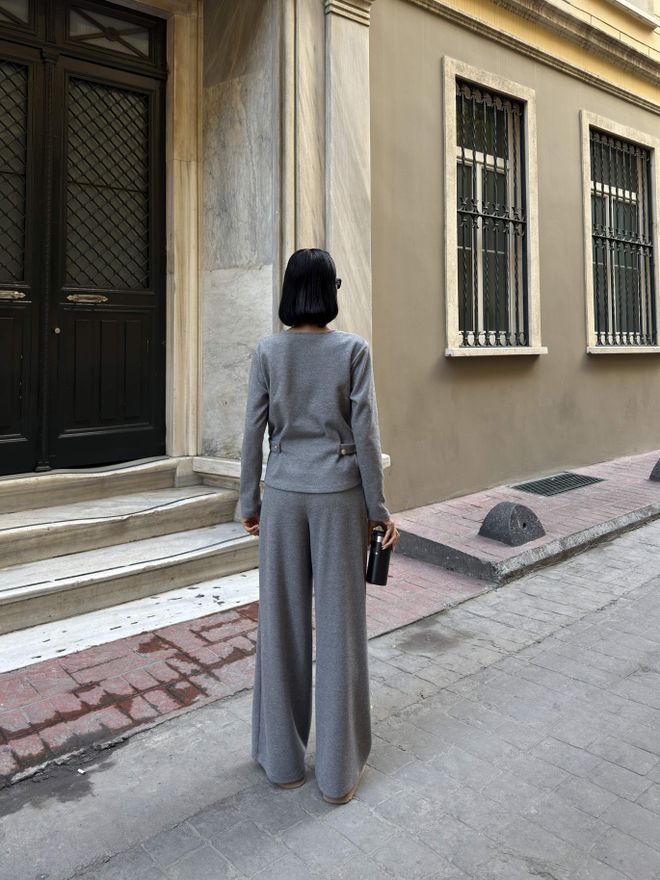 Miss Janell Conjunto Casual Elegante Gris Con Pantalones Palazzo Ropa al por mayor 1