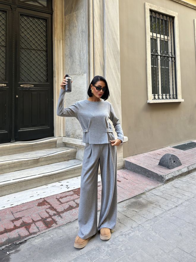 Miss Janell Szary Elegancki Casual Komplet Z Spodniami Palazzo Hurtowa sprzedaż odzieży Skromny