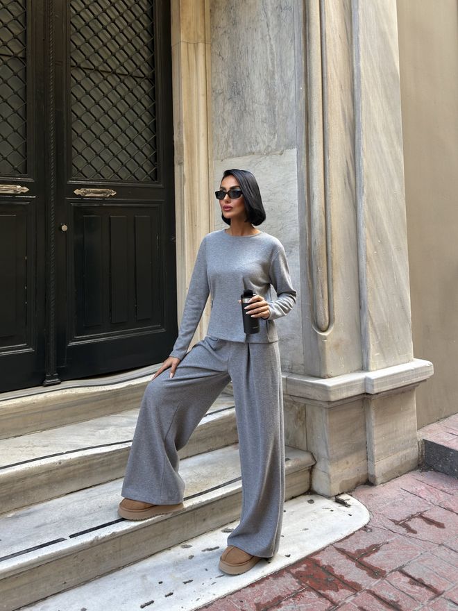 Miss Janell Conjunto Casual Elegante Gris Con Pantalones Palazzo Ropa al por mayor Primavera