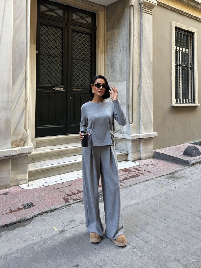 Miss Janell Conjunto Casual Elegante Gris Con Pantalones Palazzo Ropa al por mayor Salón