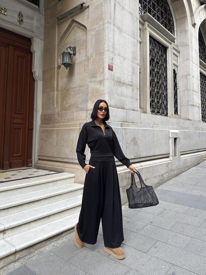 Miss Janell Set Palazzo Negru Supradimensionat Cu Gât Înalt Îmbrăcăminte cu ridicata Casual