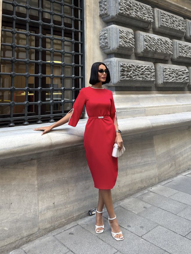 Miss Janell Eleganten Rdeč Plašč Z Razcepljenimi 3/4 Rokavi Oblačila na debelo Formalno