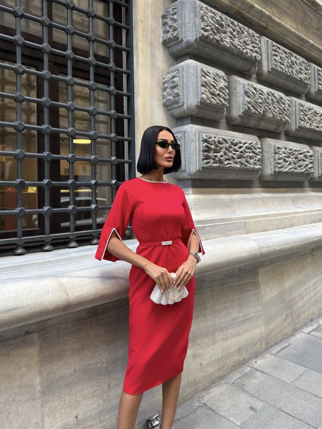 Miss Janell Eleganten Rdeč Plašč Z Razcepljenimi 3/4 Rokavi Oblačila na debelo Pomlad