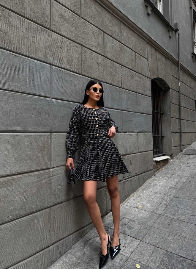 Miss Janell Zwarte A lijn Mini Jurk Met Geruit Patroon Groothandel Kleding Casual