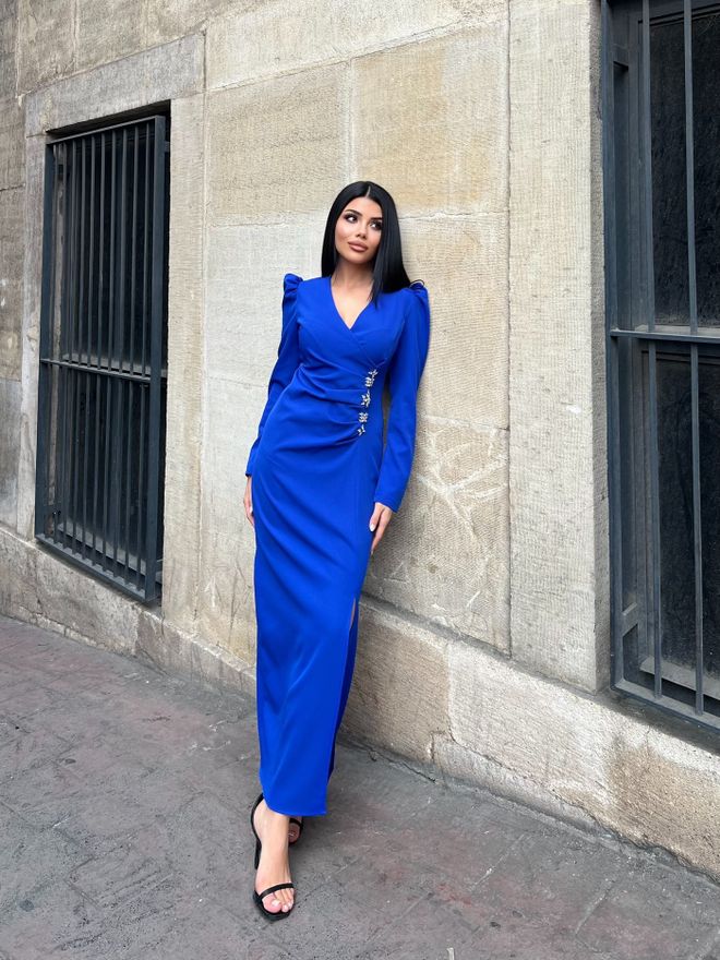 Miss Janell Rochie Elegantă Albastră Tip Sheath Cu Decolteu În V Și Mâneci Lungi Îmbrăcăminte cu ridicata Formal