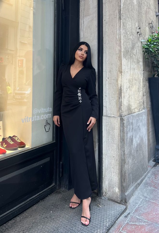 Miss Janell Κομψό Μαύρο Wrap Φόρεμα Με Φουσκωτά Μανίκια Χονδρικό εμπόριο ενδυμάτων Σέξι