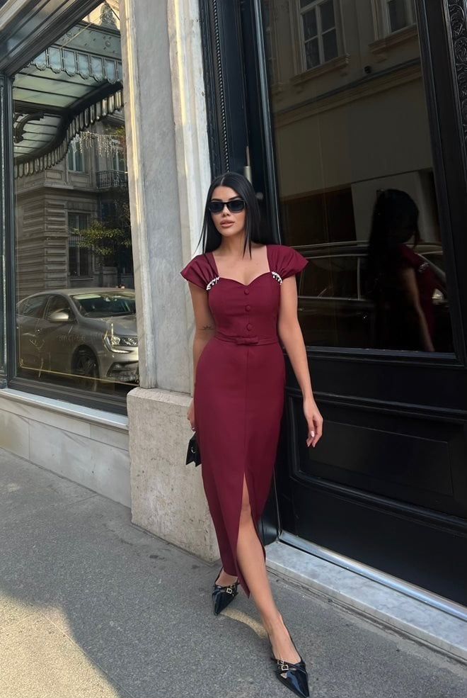 Miss Janell Rochie Elegantă Roșu Bordo Tip Teacă Cu Mâneci Capac Și Lungime Midi Îmbrăcăminte cu ridicata Sexy