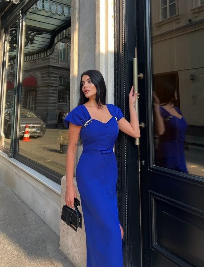 Miss Janell Bleu Élégant Formel Sexy Glamour Fourreau Robe Vêtements en gros Ancien