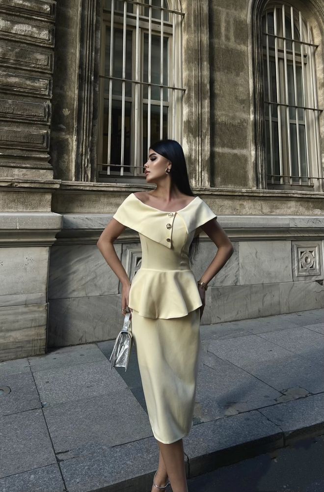 Miss Janell Elegant Yellow Bodycon Midi Dress With Off Shoulder Neck Wholesale Clothing Spring