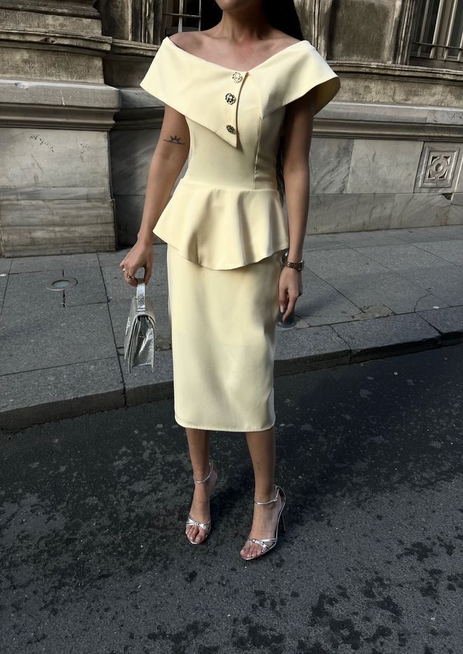 Miss Janell Elegant Yellow Bodycon Midi Dress With Off Shoulder Neck Wholesale Clothing 1