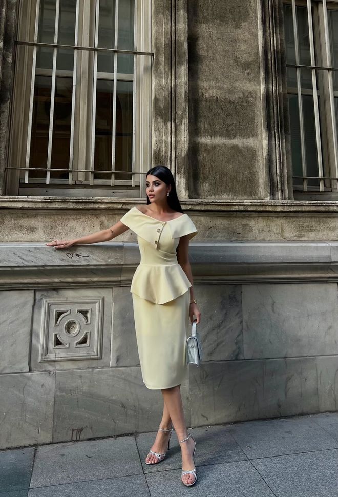 Miss Janell Elegant Yellow Bodycon Midi Dress With Off Shoulder Neck Wholesale Clothing Glam