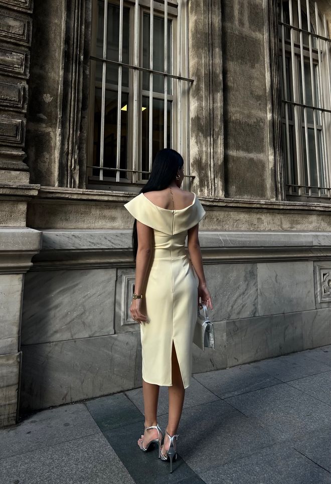 Miss Janell Elegant Yellow Bodycon Midi Dress With Off Shoulder Neck Wholesale Clothing Cocktail