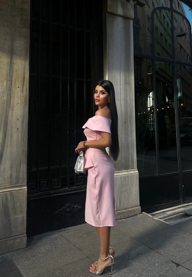 Miss Janell Pink Elegant Sheath Dress With Off Shoulder Neck Wholesale Clothing Spring