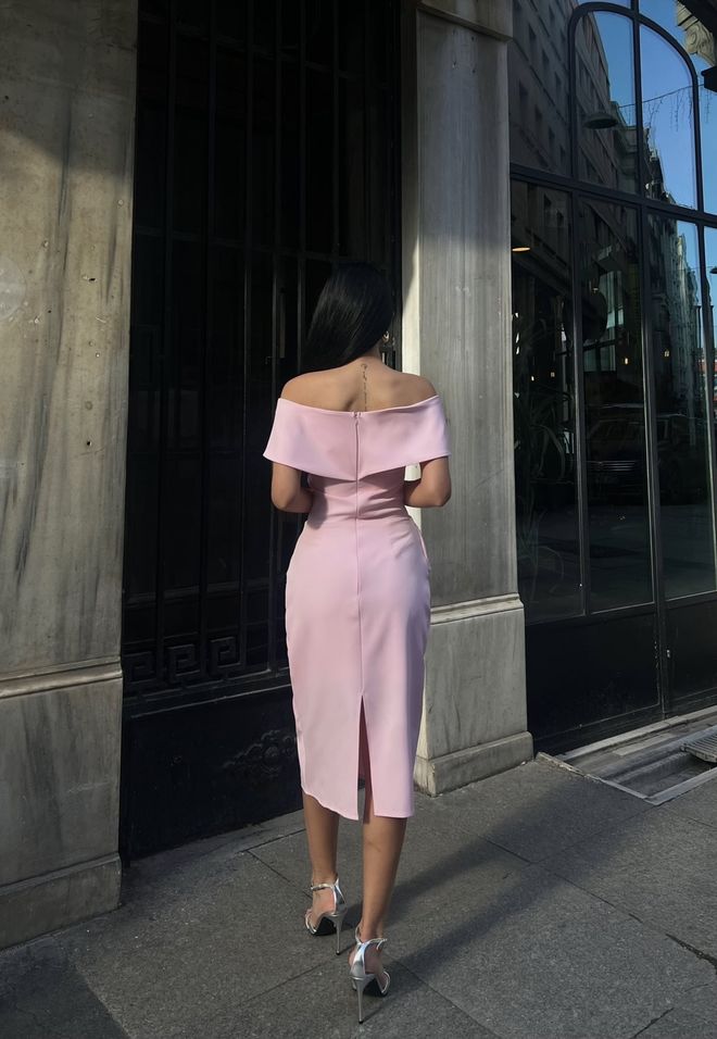 Miss Janell Pink Elegant Sheath Dress With Off Shoulder Neck Wholesale Clothing 1