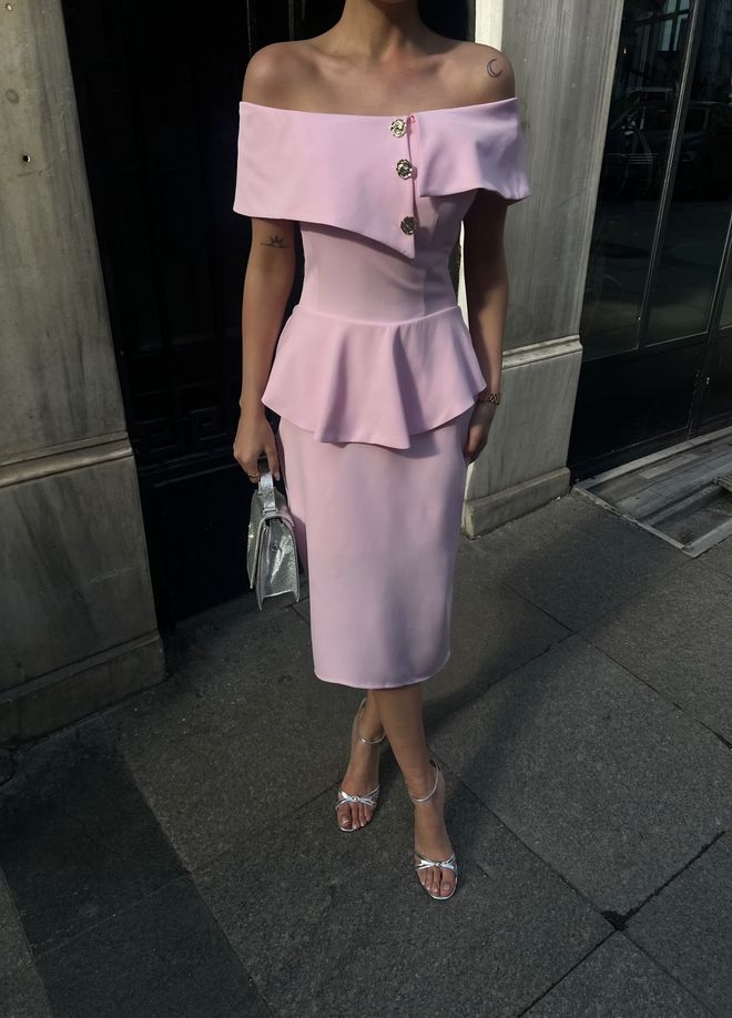 Miss Janell Pink Elegant Sheath Dress With Off Shoulder Neck Wholesale Clothing Work