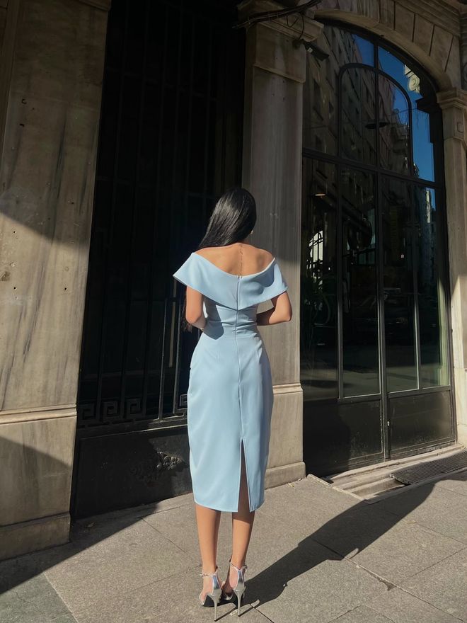 Miss Janell Blue Elegant Sheath Dress With Off Shoulder Neck Wholesale Clothing 1