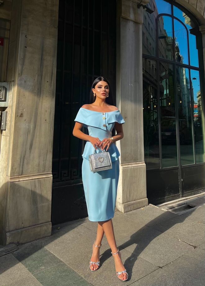 Miss Janell Blue Elegant Sheath Dress With Off Shoulder Neck Wholesale Clothing Spring