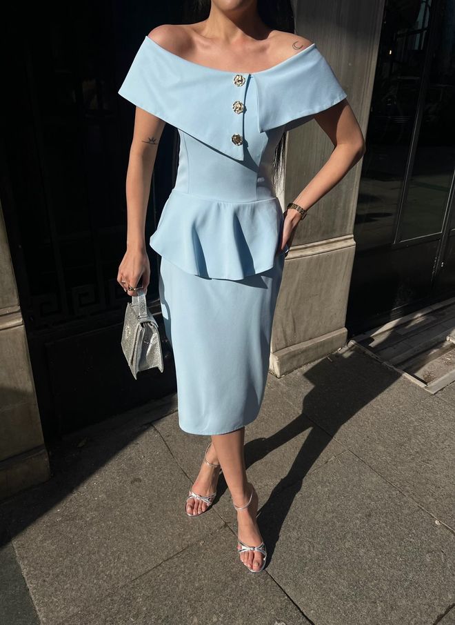 Miss Janell Blue Elegant Sheath Dress With Off Shoulder Neck Wholesale Clothing Work