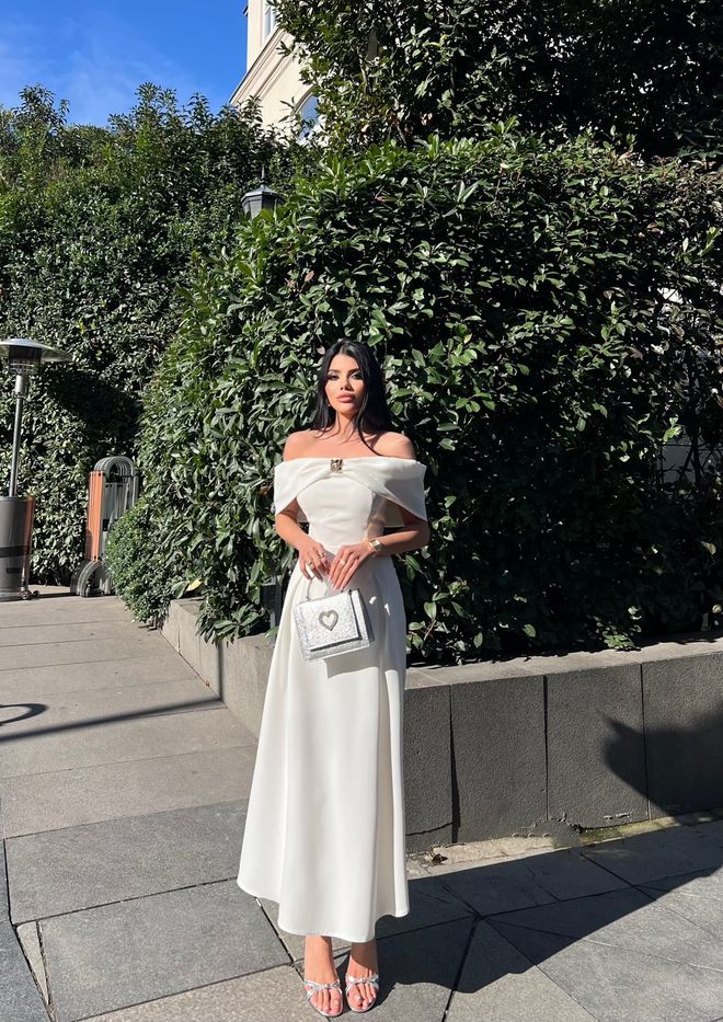 Miss Janell Elegant White A Line Midi Dress With Off Shoulder Cape Sleeves Wholesale Clothing Formal