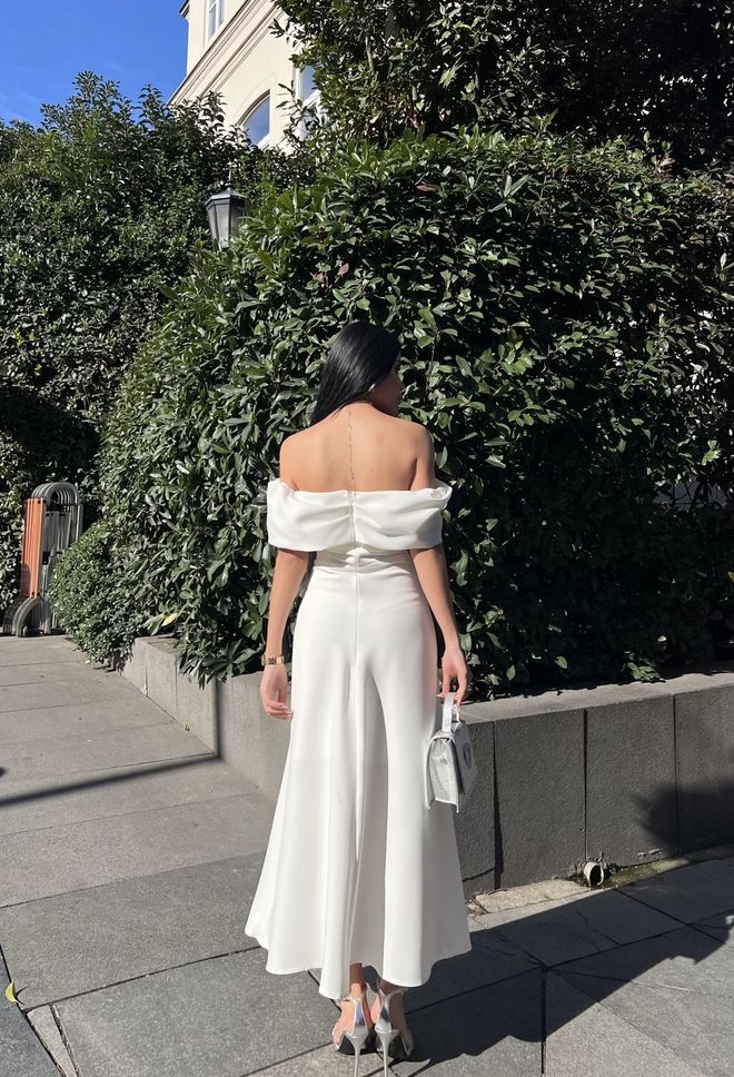 Miss Janell Elegant White A Line Midi Dress With Off Shoulder Cape Sleeves Wholesale Clothing 1