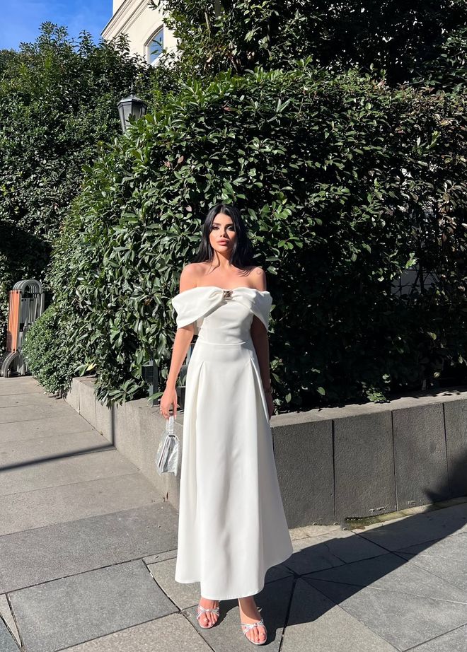 Miss Janell Elegant White A Line Midi Dress With Off Shoulder Cape Sleeves Wholesale Clothing Cocktail