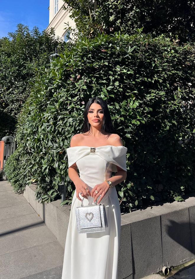 Miss Janell Elegant White A Line Midi Dress With Off Shoulder Cape Sleeves Wholesale Clothing Spring