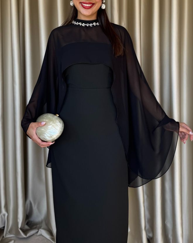 Miss Janell Vestito A Guaina Nero Elegante Con Maniche A Mantella Abbigliamento all'ingrosso Modesto