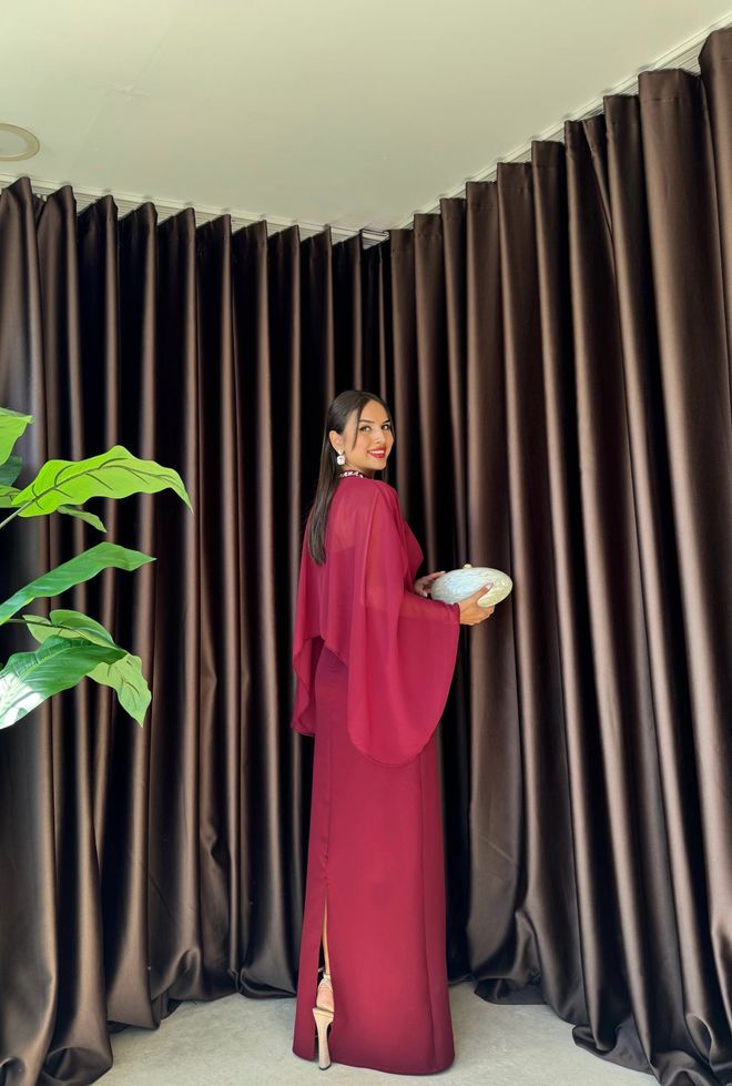 Miss Janell Vestito A Guaina Elegante Bordeaux Con Maniche A Palloncino Abbigliamento all'ingrosso Formale