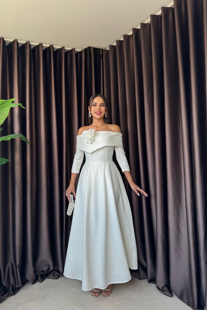 Miss Janell Λευκό Κομψό Φόρεμα Α γραμμή Με Λαιμόκοψη Χωρίς Ωμους Χονδρικό εμπόριο ενδυμάτων Σοδειά