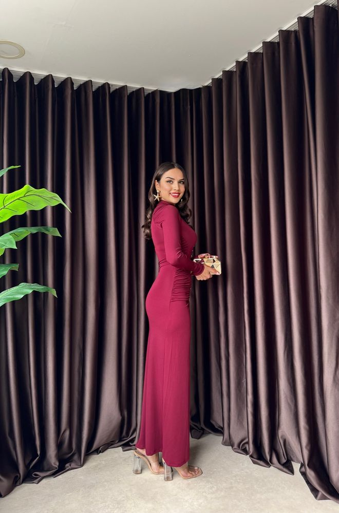 Miss Janell Хаљина Бордо Црвена Омотач Са Високим Оковратником И Дугим Рукавима Велепродаја одеће Секси