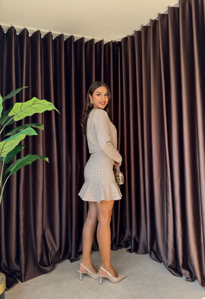 Miss Janell Beige Flared Mini Skirt With Checkered Pattern Wholesale Clothing Spring