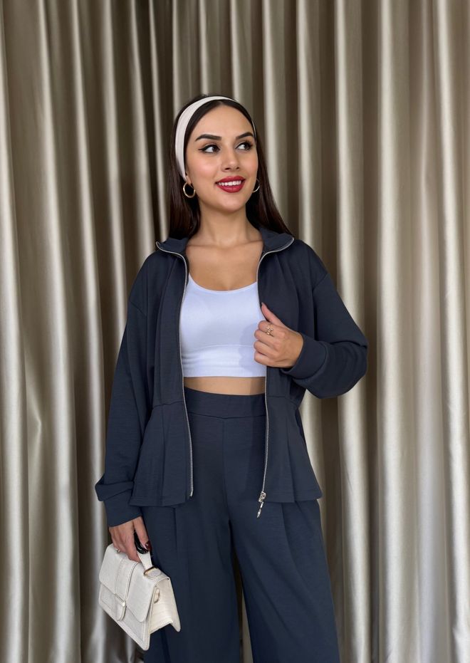 Miss Janell Marineblau Set Lässig Sport Streetwear Palazzo Großhandelskleidung Modest