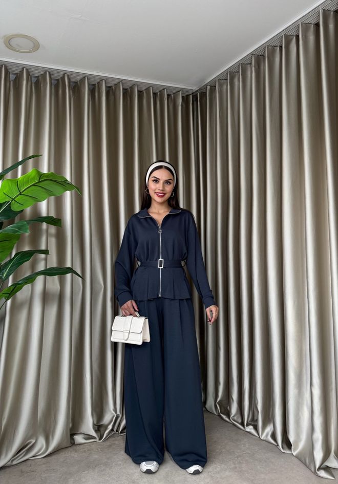 Miss Janell Marineblau Set Lässig Sport Streetwear Palazzo Großhandelskleidung Lounge