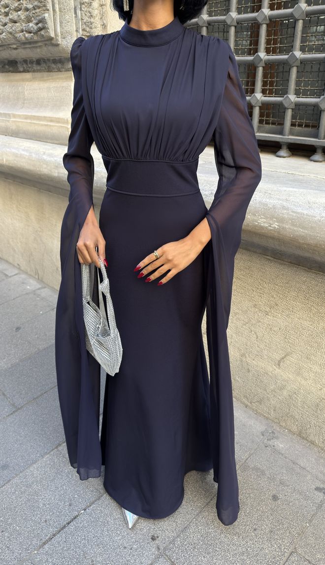 Miss Janell Elegancka Granatowa Sukienka Ołówkowa Z Wysokim Kołnierzem Hurtowa sprzedaż odzieży Skromny