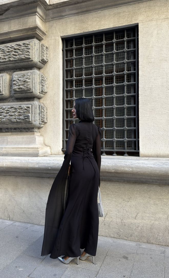 Miss Janell Czarna Elegancka Maxi Sukienka Z Dzielonymi Rękawami Hurtowa sprzedaż odzieży Formalny