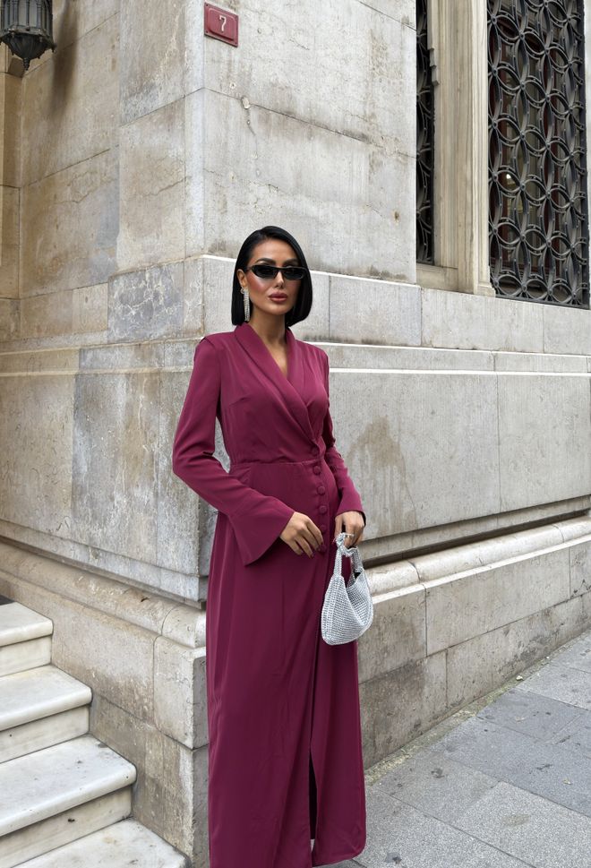 Miss Janell Μπορντό Κομψό Επίσημο Φόρεμα Wrap Με Μακρύ Ισιο Μανίκι Και Γιακά Σάλι Χονδρικό εμπόριο ενδυμάτων Σοδειά