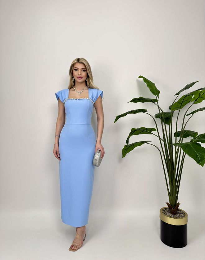 Miss Janell Vestido Azul Elegante Tipo Vaina Con Mangas Casquillo Ropa al por mayor Antiguo