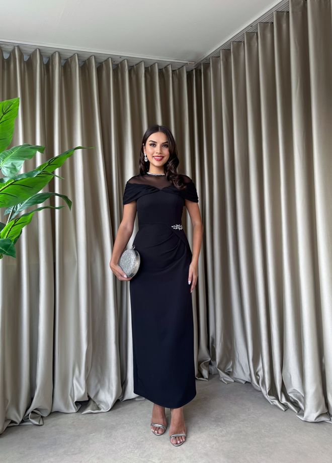 Miss Janell Elegancka Czarna Sukienka Ołówkowa Z Rękawami Typu Cap Hurtowa sprzedaż odzieży Formalny