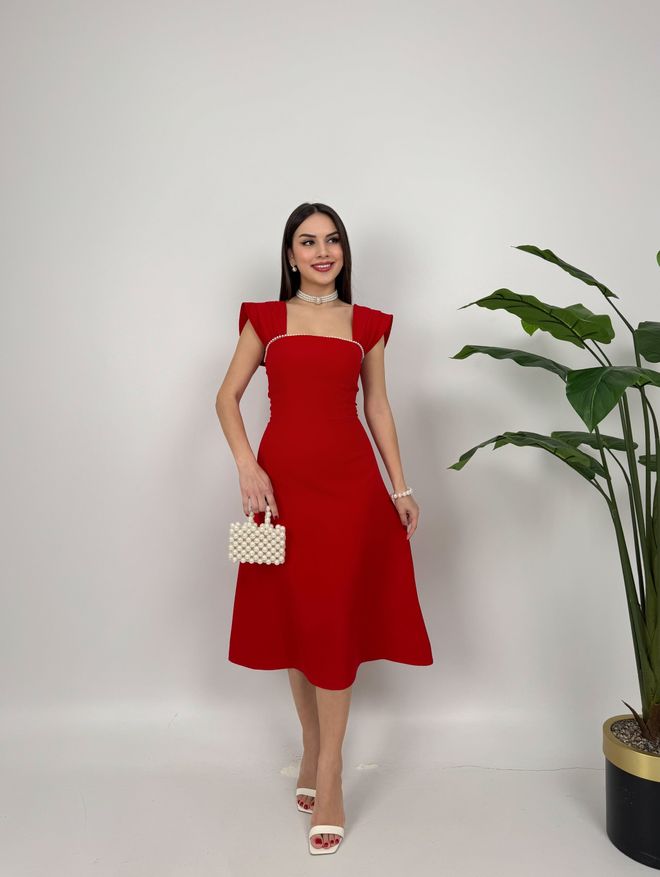 Miss Janell Elegante Rode Pasvorm En Uitlopende Midi Jurk Met Off Shoulder Hals Groothandel Kleding Vintage