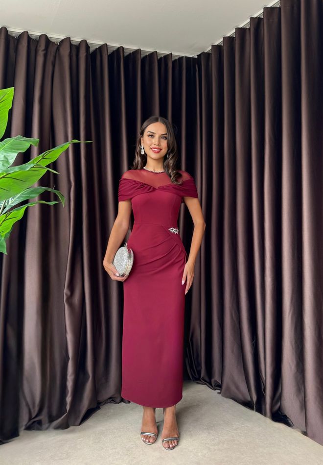 Miss Janell Eleganti Tamsiai Raudona Suknelė Su Klostuotais Rankovėmis Didmeninė prekyba drabužiais Išleistuvės