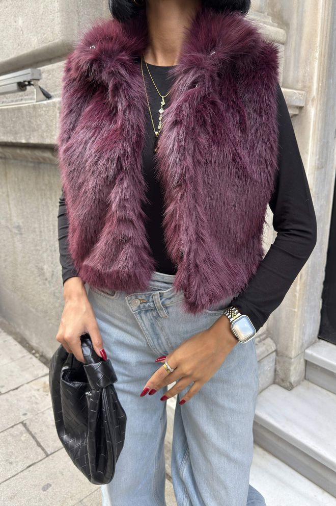 Miss Janell Glamoroso Elegante Vermelho Clarete Colete Roupas por atacado Inverno