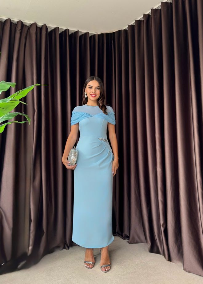 Miss Janell Elegante Vestido Azul Tipo Vaina Con Mangas Con Volantes Ropa al por mayor Formal