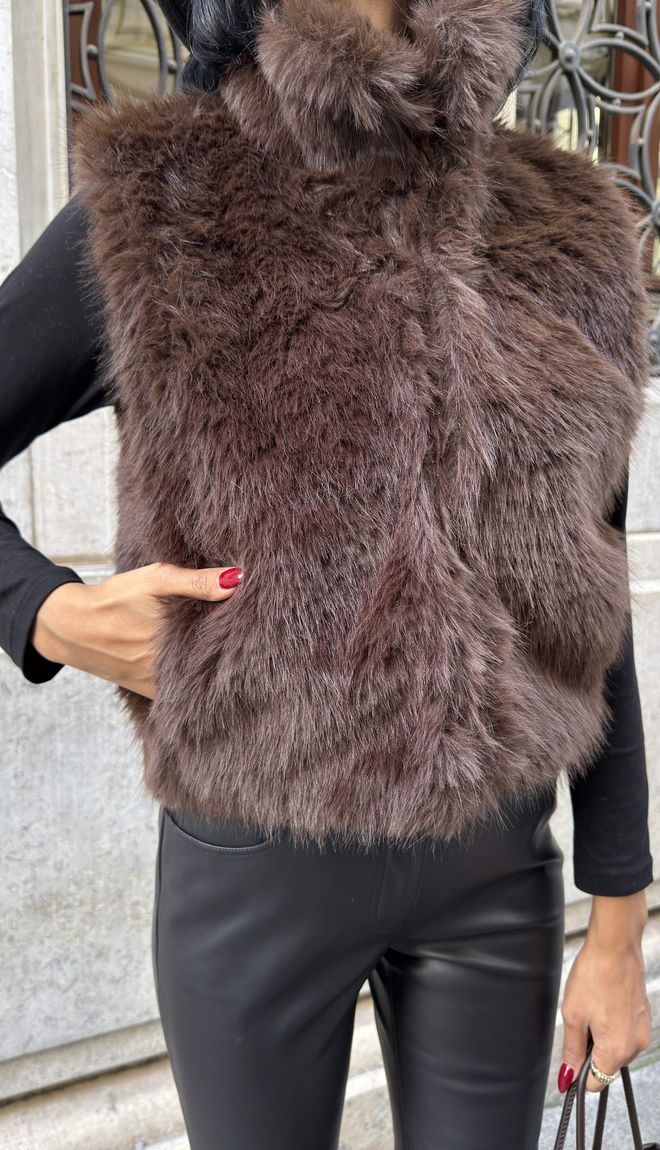 Miss Janell Castanho Elegante Casual Vintage Formal Glamoroso Retro Colete Roupas por atacado Inverno