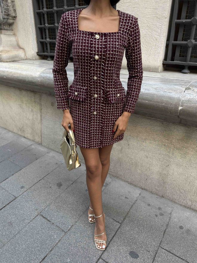 Miss Janell Elegancka Sukienka Płaszcz Bordowa Czerwień W Kratkę Hurtowa sprzedaż odzieży Klasyczny