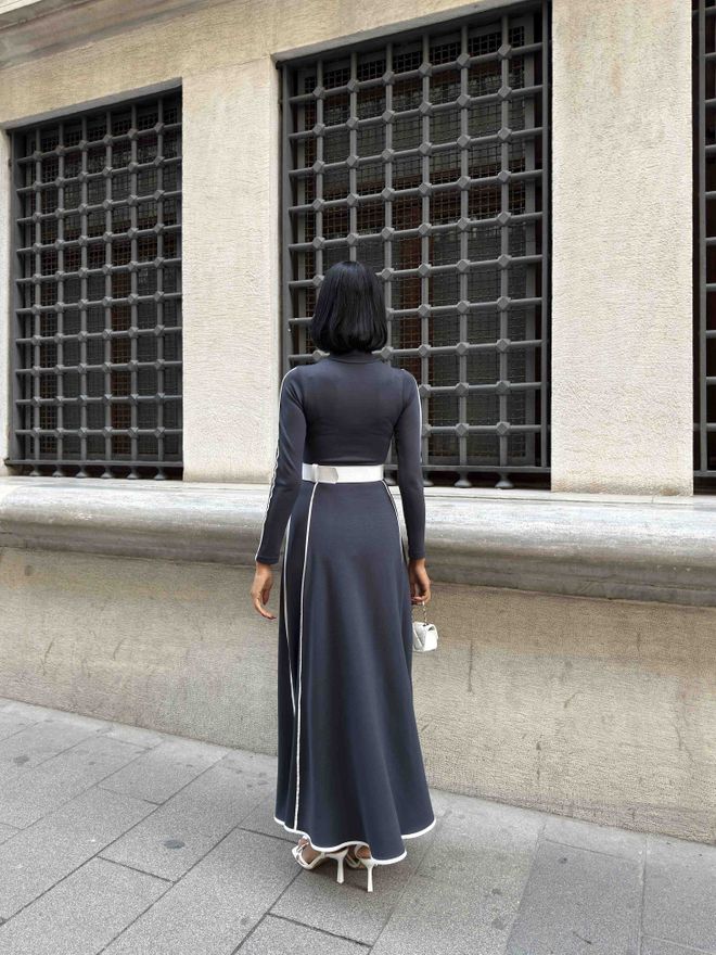 Miss Janell Vestido Maxi Cinza Elegante A Line Com Gola Alta Roupas por atacado Modesto