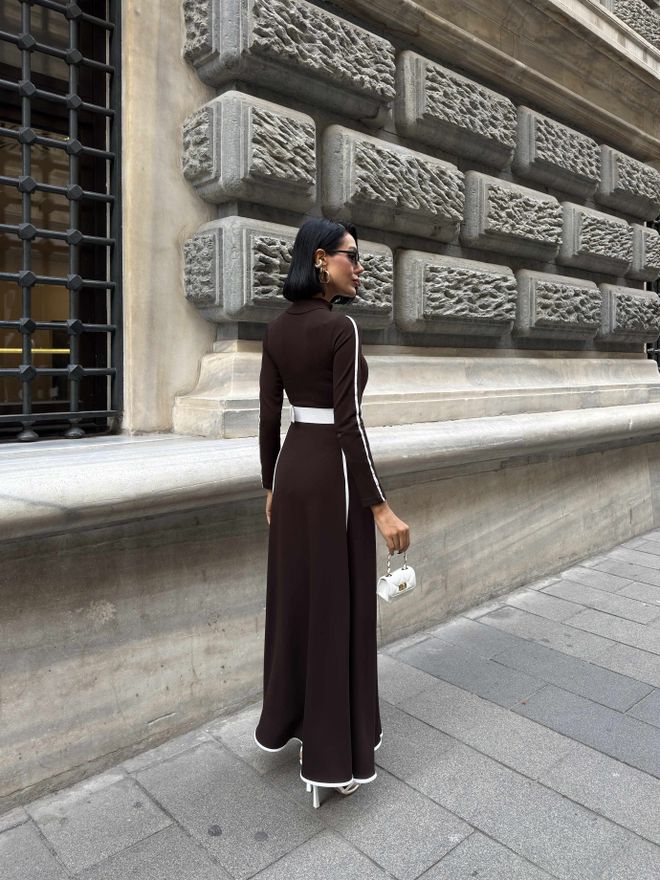 Miss Janell Vestido Castanho Elegante Formal Em Linha A Roupas por atacado Modesto