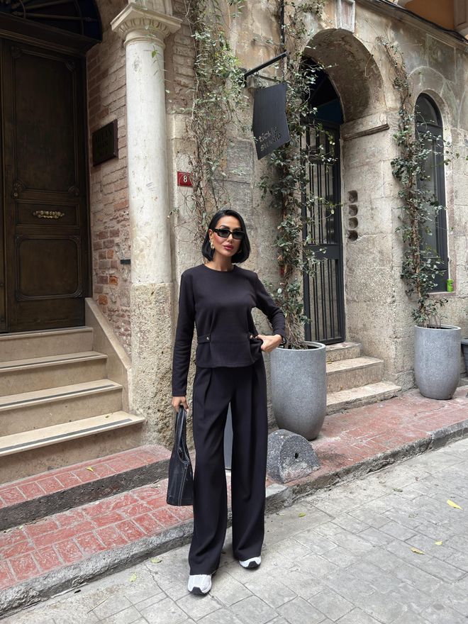 Miss Janell Elegancki Czarny Komplet Palazzo Hurtowa sprzedaż odzieży Casual