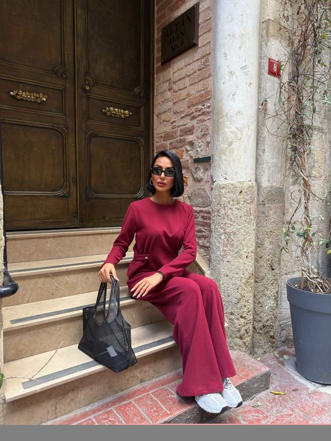 Miss Janell Komplet Bordowa Czerwień Casual Elegancki Skromny Palazzo Hurtowa sprzedaż odzieży Skromny