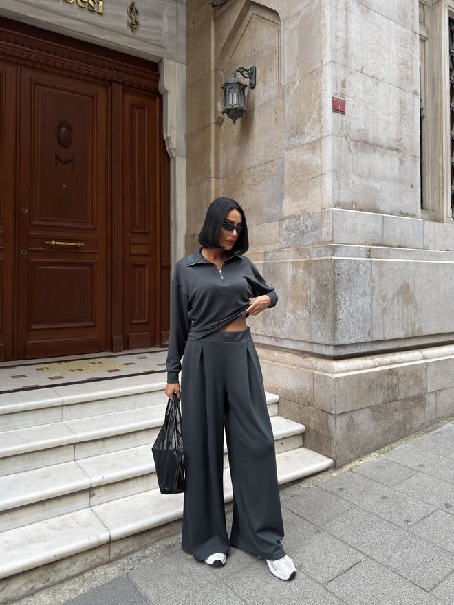 Miss Janell Szary Zestaw Oversize Palazzo Hurtowa sprzedaż odzieży Casual